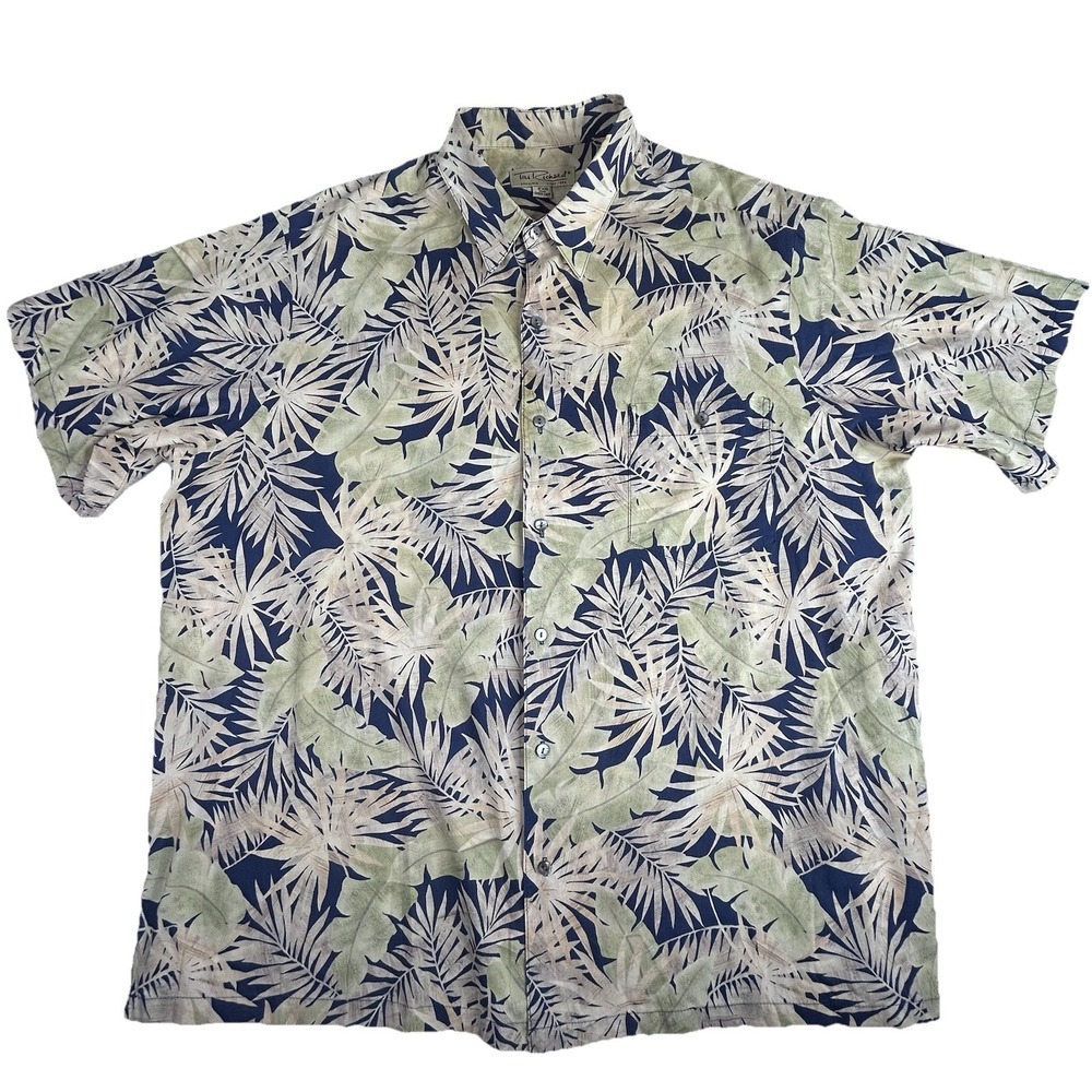 VTG Tori Richard Hawaiian Shirt Mens 2XB Cotton Lawn Blue Green Floral Leaves